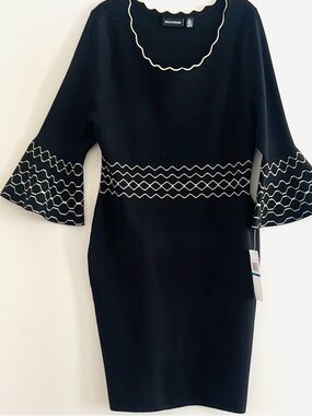 Nina Leonard Black Onyx Knit Dress Stitched Bell Sleeve Design Size XL NWT